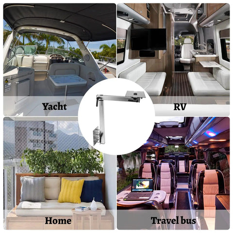 Collage showing yacht, RV, home, and travel bus with center image of Removable RV Table Base Mount With 360 Degree Rotation Desk Leg in silver.