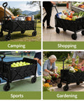 Heavy Duty Foldable Wagon Cart With All Terrain Wheels For Camping Garden Grocery And Sports Trips Portable Collapsible Utility Cart That Hauls Up To 500 Lbs Sturdy Metal Frame Compact Fold Black Medium in various outdoor and indoor uses, including camping, shopping, sports, and gardening with supplies loaded.