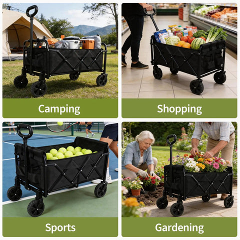 Heavy Duty Foldable Wagon Cart With All Terrain Wheels For Camping Garden Grocery And Sports Trips Portable Collapsible Utility Cart That Hauls Up To 500 Lbs Sturdy Metal Frame Compact Fold Black Medium in various outdoor and indoor uses, including camping, shopping, sports, and gardening with supplies loaded.