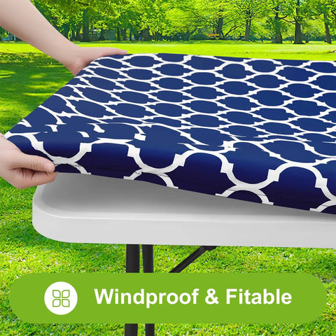 Elastic Fitted Picnic Table Cover For 6 Foot Tables Waterproof Wipeable Vinyl With Flannel Back Navy 30x72 Inches fitted on table