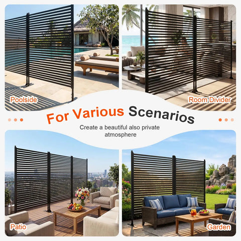 Outdoor Privacy Screen Panels Freestanding Metal Fence Wall With Base Feet on patio, poolside, room divider, garden view.