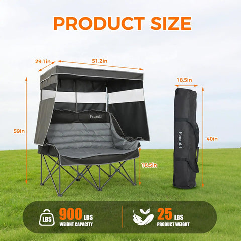 Double Camping Chair With Adjustable Canopy Shade Heavy Duty Two Person Folding Loveseat dimensions and carrying bag