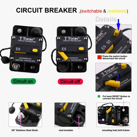 Diagram of Rugged Heavy Duty 200 Amp Circuit Breaker With Manual Reset For RV Boat Marine ATV Systems 12V 48V DC IP67 Waterproof