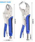 Heavy Duty 10 Inch Locking Pliers With Curved Jaw, Wire Cutter, shown with size dimensions, alloy steel, nickel plated
