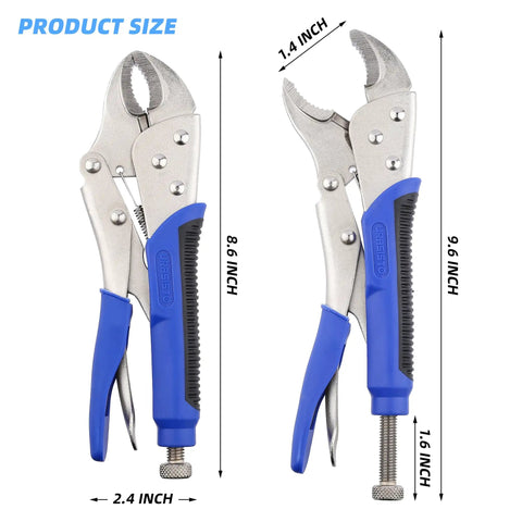 Heavy Duty 10 Inch Locking Pliers With Curved Jaw, Wire Cutter, shown with size dimensions, alloy steel, nickel plated