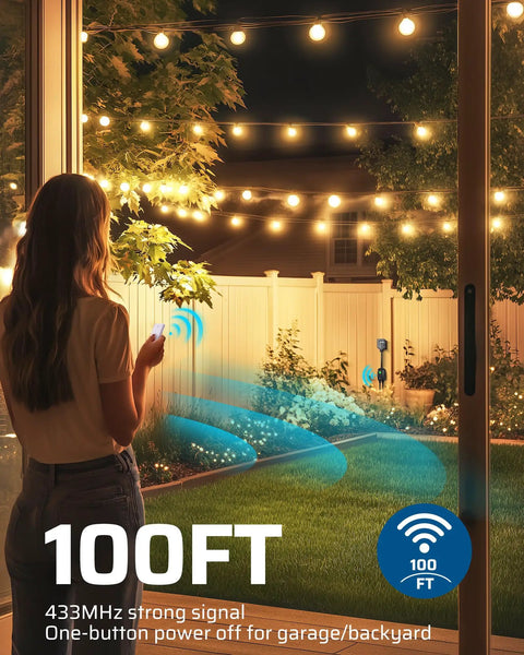 Outdoor Wireless Remote Control Dual 3 Prong Outlet Weatherproof Power Strip With Wall Mount And Handheld Switch Expandable Indoor Outdoor Heavy Duty 15A 1875W 7 Inch Cord 100 Feet Range ETL Listed, 100 ft range