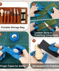 Beginner Wood Carving Kit With 23 Tools In PVC Case showing storage bag, leather strop, finger tapes, and sandpapers for carving