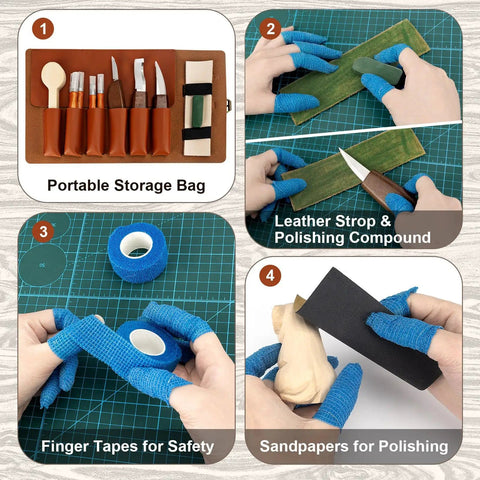 Beginner Wood Carving Kit With 23 Tools In PVC Case showing storage bag, leather strop, finger tapes, and sandpapers for carving