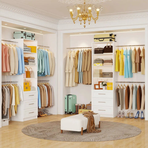 Walk In Closet Organizer Tower With Adjustable Shelves And Four Expandable Hanging Rods, Modular Drawer Closet System in white