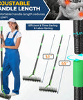 Person holding 65 Inch Thatch Rake And Garden Rake Dual Sided Sharp Steel Tines Adjustable Handle Lightweight Reversible Head.
