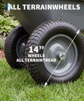 Heavy Duty Garden Wheelbarrow Cart With Dual Wheels And Built In Stand showcasing 14-inch all-terrain wheels on grass.