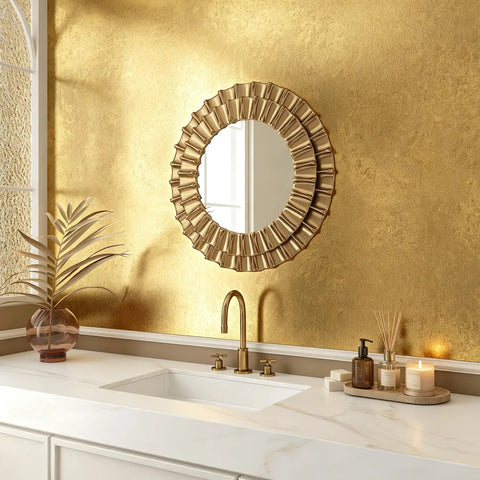 Dope Gold Peel And Stick Wallpaper Thick Metallic Wallcovering covering a bathroom wall with a round decorative mirror.