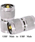 Two Pack UHF PL259 Connector Adapter, UHF Male To UHF Male Coaxial Adapter With Gold Plated Pins, 50 Ohm, shown with adapters vertically.