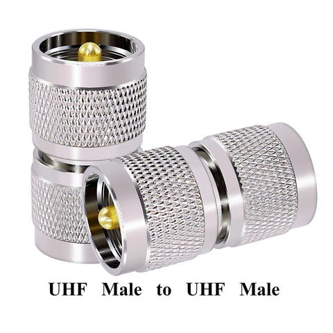 Two Pack UHF PL259 Connector Adapter, UHF Male To UHF Male Coaxial Adapter With Gold Plated Pins, 50 Ohm, shown with adapters vertically.
