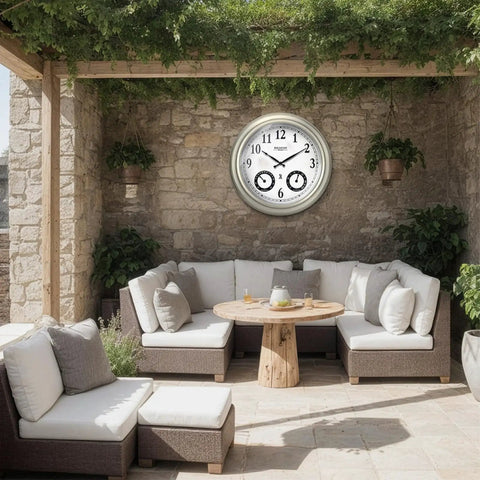 Huge 20 Inch Outdoor Atomic Clock With Thermometer And Hygrometer 3 In 1 Weather Station Large Wall Clock on patio wall