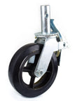 Real Deal Heavy Duty Scaffold Casters Set Of Four 8x2 Black Rubber Mold On Steel Wheels With Solid Locking Brakes, close-up view of a caster.