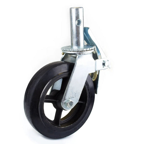 Real Deal Heavy Duty Scaffold Casters Set Of Four 8x2 Black Rubber Mold On Steel Wheels With Solid Locking Brakes, close-up view of a caster.