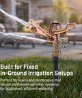 Heavy Duty Brass Impact Sprinkler Head Offering Close And Far Coverage With Dual Nozzles For Total Lawn Protection With Robust 3/4 In Mpt Connection And Heavy Duty Brass Build Without Kinking Or Failure In Your Garden Setup in action watering lawn.