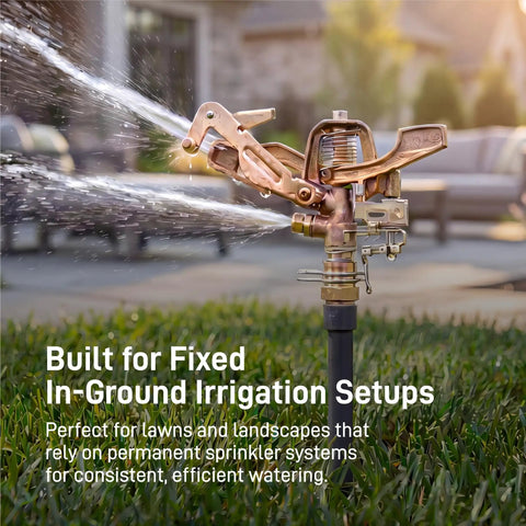 Heavy Duty Brass Impact Sprinkler Head Offering Close And Far Coverage With Dual Nozzles For Total Lawn Protection With Robust 3/4 In Mpt Connection And Heavy Duty Brass Build Without Kinking Or Failure In Your Garden Setup in action watering lawn.
