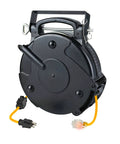 Heavy Duty 36 Foot Retractable Extension Cord Reel With 12 3 SJTOW Wiring 20 Amp Single Tap Industrial Cord Clear 5 15R And 20R Receptacle With Power On Indicator Built For Job Sites And Workshops, showing front view with handle and cord.