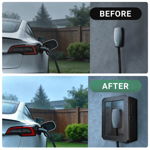 Comparison of EV charging setup before and after Installing Outdoor EV Charger Box With Cable Organizer, Waterproof Dustproof Enclosure.