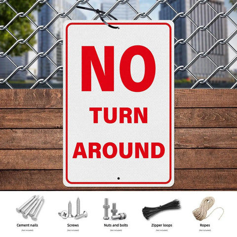 No Turn Around Sign Reflective Aluminum, Keeps Ya Seen In Darkness, Driveway Dead End Safety Marker, Heavy Duty Weather Proof 18X12 Inch Sign displayed on fence.