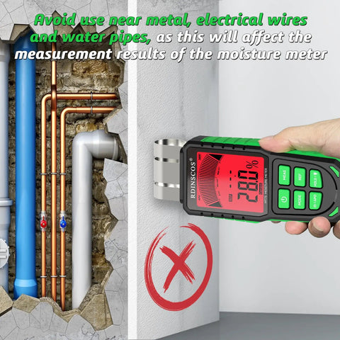 No Sweat Pinless Moisture Meter For Scanning Wood Drywall And Concrete Without Holes Or Marks Working As A Non Invasive Digital Leak Detector Catching Wall Drip Early scanning a wall near plumbing pipes.