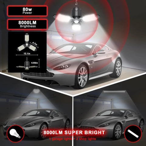 Plug In Garage Light With Motion Sensor 80W 8000LM Deformable LED Shop Light installed in a garage illuminating a car