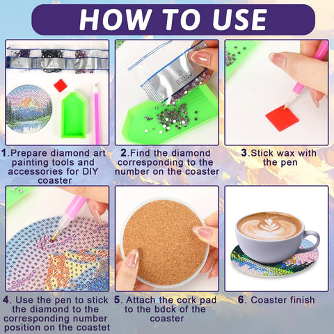 Step-by-step guide for 8 Piece Diamond Art Coaster Kit With Holder Dope Landscape Themed DIY Art Coasters For Drinks Beginners Friendly Craft Supplies For Adults Perfect Birthday Gift And Creative Home Decor.