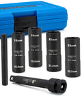 Half Size One Half Inch Impact Thin Wall Flip Lug Nut Socket Set With 5 Inch Extension Bar And Knockout Bar, sockets and case