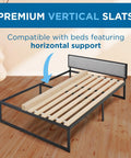 Queen Bunkie Board with Vertical Wood Slats Box Spring Replacement on bed frame for solid support and stability.
