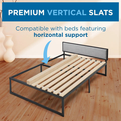 Queen Bunkie Board with Vertical Wood Slats Box Spring Replacement on bed frame for solid support and stability.