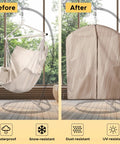 Heavy Duty Hammock Chair With Two Cushions And Protective Waterproof Cover For Indoor And Outdoor Relaxation Steel Spreader Bar With Anti Slip Rings Sturdy Supports Up To 500 Lbs Includes Weatherproof Chair Cover 57 By 45.5 Inches shown before and after covering.