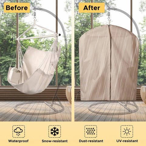 Heavy Duty Hammock Chair With Two Cushions And Protective Waterproof Cover For Indoor And Outdoor Relaxation Steel Spreader Bar With Anti Slip Rings Sturdy Supports Up To 500 Lbs Includes Weatherproof Chair Cover 57 By 45.5 Inches shown before and after covering.