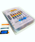 Front view of resistor book kit: spiral binder with color-coded chart and a small bag of blue axial resistors.