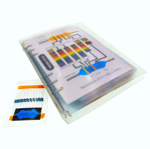 Front view of resistor book kit: spiral binder with color-coded chart and a small bag of blue axial resistors.