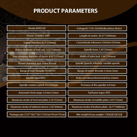 Product parameters of Top Shelf Benchtop Metal Lathe Machine 8 X 39 Inch Capacity 1100W Brushless Motor.