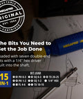 15 In 1 Multi-Bit Screwdriver With Retractable Bit Cartridge and 14 Double-Ended Tips on a drawing background.