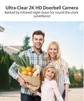 Family standing outside home next to Dual Camera 2K HDR WiFi Video Doorbell With No Monthly Fees And Local Storage, Battery Or Wired Powered.