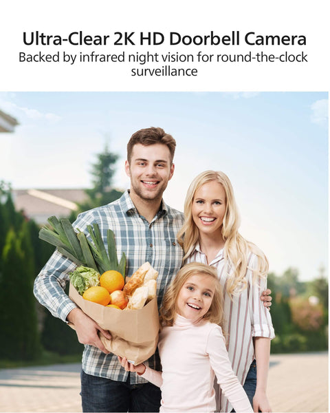 Family standing outside home next to Dual Camera 2K HDR WiFi Video Doorbell With No Monthly Fees And Local Storage, Battery Or Wired Powered.