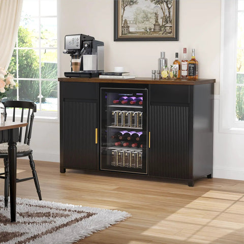 Big Home Bar Cabinet With Built In Fridge Space Fits Most Mini Fridges Modern Fluted Buffet Sideboard Table For Coffee Wine Or Bevs At Home 53.2 Inches Long showing fridge and countertop with drinks.