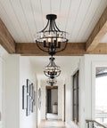 Crystal Farmhouse Chandelier In Black Rustic Finish Four Light Flush Mount Ceiling Light in narrow hallway with wooden beams