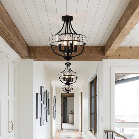 Crystal Farmhouse Chandelier In Black Rustic Finish Four Light Flush Mount Ceiling Light in narrow hallway with wooden beams