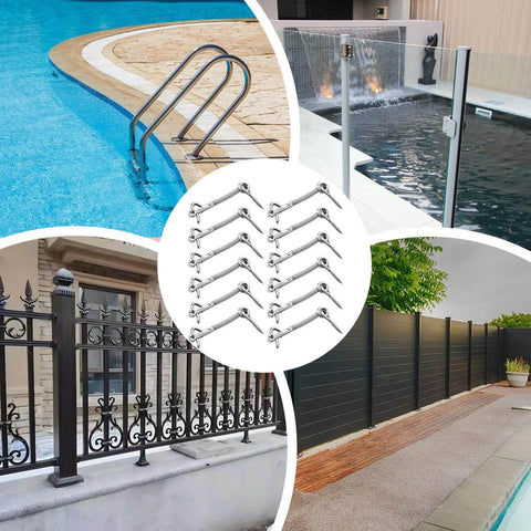 Stainless Steel Gate Latch Kit With Hook And Eye Fasteners, 12-piece outdoor privacy security hardware for fences and pool area.