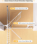 Top view of extra wide auto close baby gate with easy walk through for stairs and doorways, showing 180-degree swing directions.