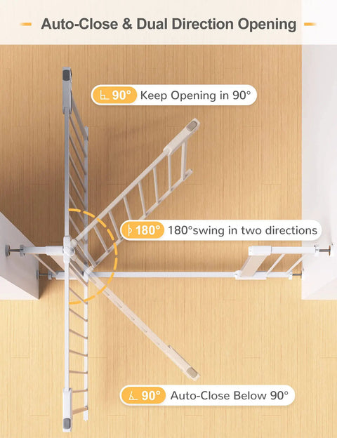 Top view of extra wide auto close baby gate with easy walk through for stairs and doorways, showing 180-degree swing directions.