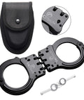 Heavy Duty Double Lock Hinged Handcuffs With Two Keys And Case Real Steel Pro Grade Security Cuffs In Black with case and keys visible