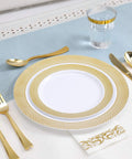 Kick Back Without The Hassle Using This Heavy Duty Gold Disposable Dinnerware Set For 25 Guests With Plates Cups Napkins Silverware Bpa Free Party Pack For Weddings And Block Parties featuring gold rimmed plates and cutlery.