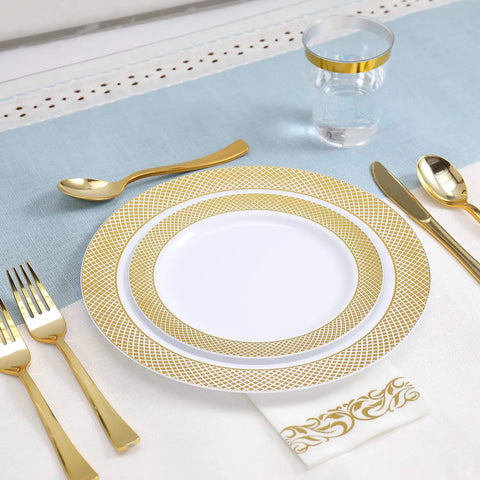 Kick Back Without The Hassle Using This Heavy Duty Gold Disposable Dinnerware Set For 25 Guests With Plates Cups Napkins Silverware Bpa Free Party Pack For Weddings And Block Parties featuring gold rimmed plates and cutlery.