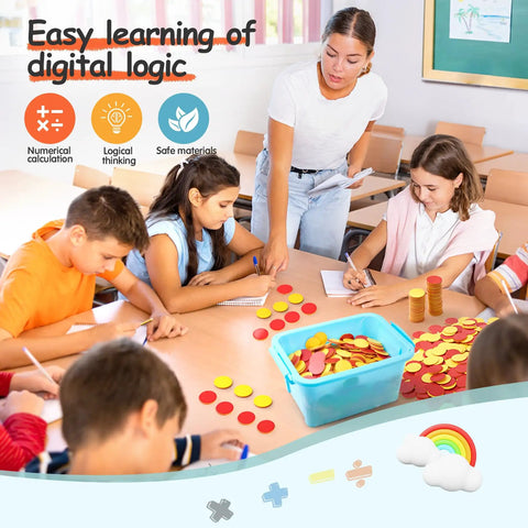 Double Sided Plastic Math Counters For Kids 800 Piece Set Two Color Red Yellow Counting Disks Heavy Duty Classroom Supplies used in a classroom.